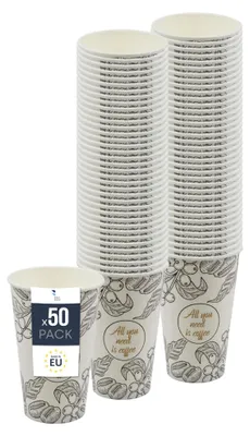 Produktbild von BenBow Kaffeebecher 400 ml x 50, Pappbecher zum Mitnehmen, Einwegbecher für Unterwegs, All You Need Is Coffee, Kaffee Becher für Büro und Kaffeemaschinen, Robust und Praktisch