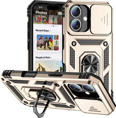 Immagine prodotto di Custodia per iPhone 16 a doppio strato con cover fotocamera scorrevole e supporto ad anello Oro