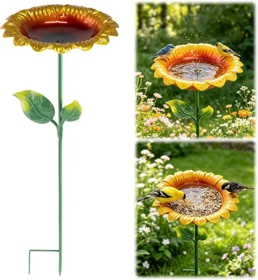 Produktbild von Vogeltränke auf einem Ständer für den Garten, Vogelbecken aus Metall mit Schale, Sonnenblumen-Design, Wassertränke für Wildvögel im Freien, auf der Terrasse und im Hinterhof
