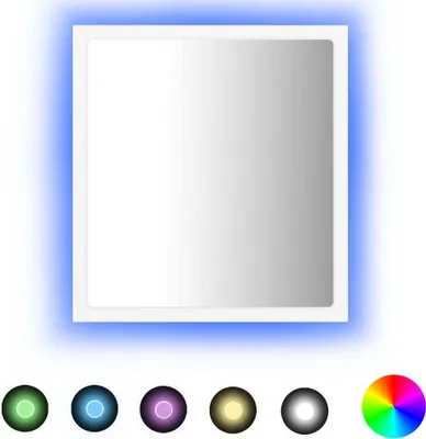A square LED mirror with a blue light halo, shown with several color swatch circles below it.