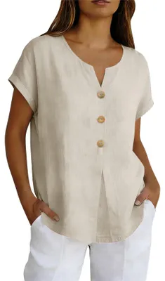 Produktbild von ASKSA Damen Tshirt Musselin Sommer V-Ausschnitt Knopfleiste Leinenbluse Locker Elegant Einfarbig Oberteile Top (Aprikose,3XL)