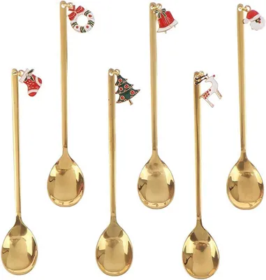 Produktbild von 6-teiliges Goldenes Weihnachtslöffel-Set – Kaffeelöffel mit Weihnachtsanhängern aus Edelstahl (13,5 cm)