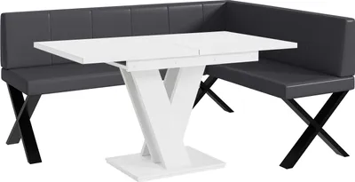 Produktbild von MEBLINI Eckbank für Esszimmer mit ausziehbarem Tisch  - Küchenbank - Essecke - Sitzecke Küche - PETER - X-Beine 128x168x87cm Rechts - Grau Kunstleder/M Weiß Matt