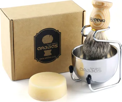 Produktbild von Anbbas Rasierpinsel Dachshaar+Rasierschale+Pinselhalte+Chafsmilch Rasierseife,Naturholzgriff,4 in 1 Boutique Rasierpinsel-Set