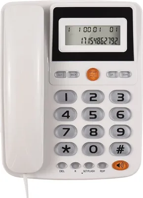 A white corded desktop telephone with a digital display and a keypad.