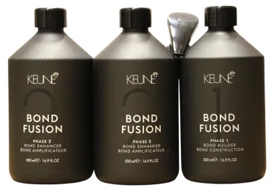 Immagine prodotto di Set Keune: Trattamento intensivo per capelli Bond Fusion Fase 1 - Lozione maschera, 500 ml + Trattamento intensivo per capelli Bond Fusion Fase 2 - Lozione maschera, potenziatore di legami, 500 ml + Misurino in plastica