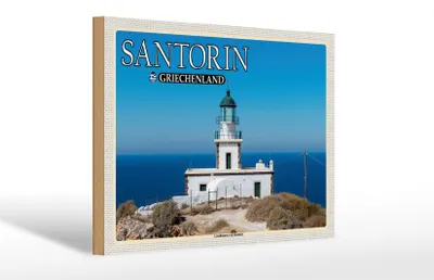 Produktbild von Holzschild Reise 30x20cm Santorin Griechenland Leuchtturm Akrotiri