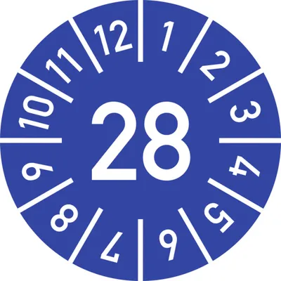 Produktbild von Dreifke® Prüfplakette Jahr 28 mit Monaten, blau, Dokumentenfolie, Ø 10 mm, 10...