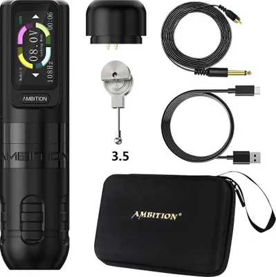 Productafbeelding van Tattoomachine, penmodel, met touchscreen, borstelloze motor, zwart. Naaldmaat: 4.0 - 3.5 mm