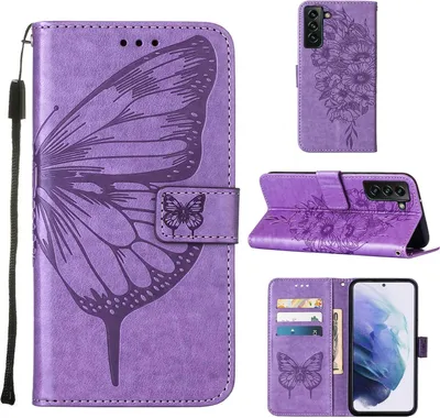 Obrázek produktu pro Pouzdro pro Samsung Galaxy S23+, Motýlí Reliéf Flip Kožené Pouzdro s Kapsami na Karty a Stojánkem Fialová