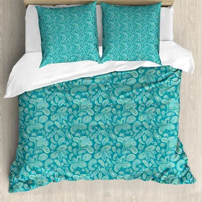 Obrázok produktu pre ABAKUHAUS Etnická sada obliečok na posteľ, listy Vintage pastelové paisley staromódne historické motívy v modrých odtieňoch, 155 x 220 cm + 80 x 80 cm, tyrkysová modrá