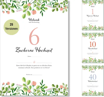 Produktbild von Frank Paperman® | Geschenke zum 6. Hochzeitstag | Ehejubiläum | Zuckerhochzeit | Urkunde Hochzeitstag | floral | Vordruck im DIN-A4-Format