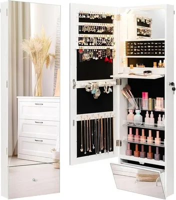 Produktbild von Schmuckschrank hängend, Spiegelschrank abschließbar mit LED Beleuchten, Schubladen, Schminkschrank mit klappbarem Ablagefach, Schmuck Organizer für Wandmontage, Weiß