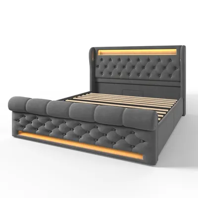 Produktbild von Flieks Hydraulisches Polsterbett 160x200cm mit USB und Typ-C, Jugendbett Doppelbett mit Led, Stauraumbett Kinderbett mit Lattenrost, Samt, Grau