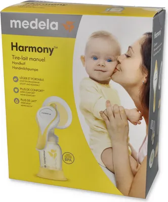 A product box for a Medela Harmony manual breast pump, featuring an image of a mother kissing her baby.
