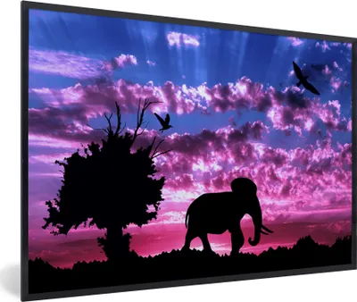 Produktbild von MuchoWow® MuchoWow® Gerahmtes Poster Elefant - Vogel - Baum 90x60 cm - Poster mit zchwarzem Bilderrahmen - Fotorahmen - Foto-Plakat