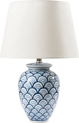 Zdjęcie produktu dla BELIANI Lampka nocna niebiesko-biała porcelanowa podstawa ozdobną z wzorem lniany jasny klosz oświetlenie salon sypialnia