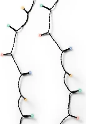 Two strands of colorful LED lights on a white background.