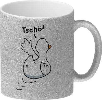 Produktbild von Ente winkt zum Abschied Glitzer-Kaffeebecher mit Spruch Tschö