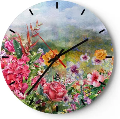 Produktbild von Wanduhr - Rund - Glasuhr - blume sommer natur - 40x40cm - Schleichendes Uhrwerk - Lautlos - zum Aufhängen bereit - Dekoration Modern - Wanddekoration aus Glas - C3AR40x40-3843