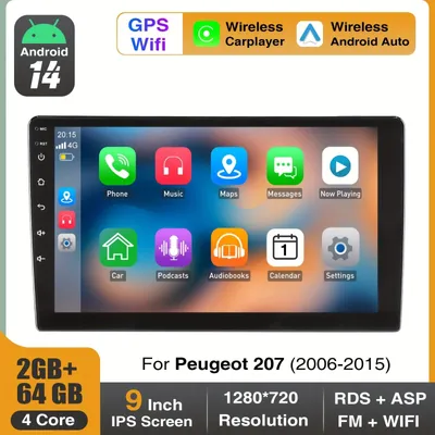 Obrázok produktu pre Autorádio s 9-palcovým dotykovým displejom IPS – Android 14 – Bezdrôtové pripojenie CarPlay a Android Auto – Multimediálny systém – Vhodné pre model Peugeot 207