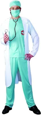 A person wearing a doctor's costume, including a scrub suit, lab coat, surgical cap, and mask, holding a stethoscope.