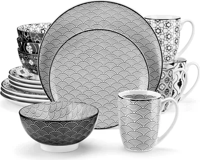 Produktbild von Kombiservice 16-teilig Porzellan Schwarz Creme 4 Speiseteller Ø 26,5 cm 4 Dessertteller Ø 21,5 cm 4 Müslischalen Ø 15,2 cm 4 Kaffeebecher 360 ml