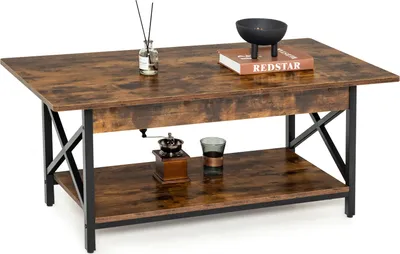 Zdjęcie produktu dla Stolik kawowy COSTWAY, stolik kawowy z półką, stolik do salonu, stolik rozkładany do salonu, 110 x 60 x 48 cm (rustykalny brąz)