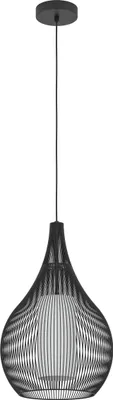 A black pendant lamp with a wireframe shade and a white inner glass shade, suspended from a black ceiling mount by a black cord.