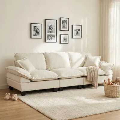 Image de Canapé voilier en chenille, 3 places avec accoudoirs incurvés, canapé confortable pour petits espaces et appartements, beige