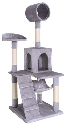 Immagine prodotto di Kratzbaum alto 133 cm, con amaca e tunnel, rivestito in peluche e corda di sisal, colore grigio chiaro, per gatti