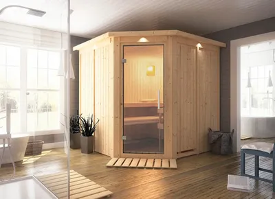 Produktbild von Elementsauna Karibu Piemon ohne Ofen mit Dachkranz und Ganzglastüre aus Klarglas