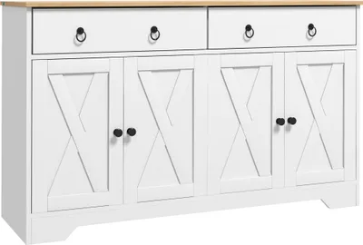 Produktbild von Buffet-Aufbewahrungseinheit, Küchenschrank, rustikaler Stil, 2 Schubladen und 2 Schränke, höhenverstellbare Einlegeböden, weiß
