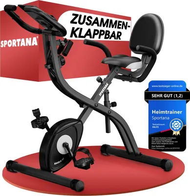 A black foldable exercise bike is shown on a red mat, with a red box in the background featuring text.