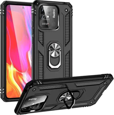 A black protective phone case with a ring holder for a Xiaomi Redmi 10C is displayed from multiple angles against a white background.