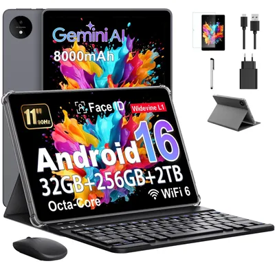 Image de Tablette de 11 pouces avec l'IA Gemini, Android 16, étui, souris et clavier. Processeur octa-cœur, 32 Go de RAM, 256 Go de ROM, emplacement pour carte TF jusqu'à 2 To. Écran HD 1920x1200, 90 Hz. Appareil photo de 8 MP. Couleur : gris
