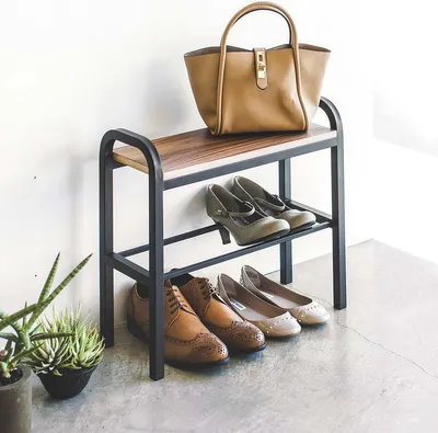 Produktbild von Yamazaki Schuhregal mit Ablage schwarz klein platzsparend schmal Metall Schuhablage für 2 Paar Schuhe 48x46x19cm "TOWER"