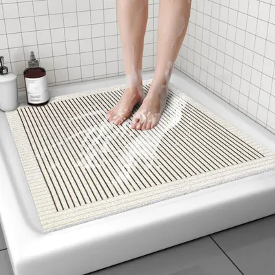 Image de Tapis de douche antidérapant, 80x80 cm, PVC, beige, avec motifs de lignes, effet massage et drainage, séchage rapide