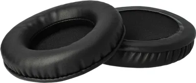 Two black headphone ear pads are shown on a white background.