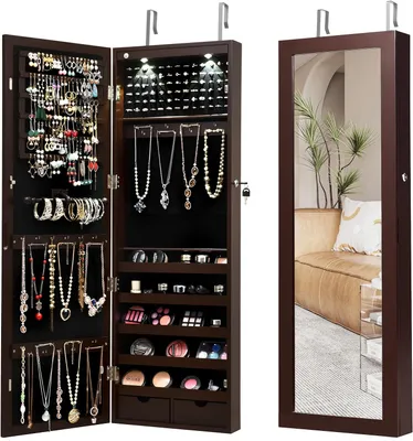 Produktbild von Schmuckschrank haengend, Spiegelschrank mit 2 Schubladen & 2 LEDs & Schloss, Schmuckorganizer für Ohrringe & Armband & Kette & Ringe & Kosmetik, Tür- & Wandmontage
