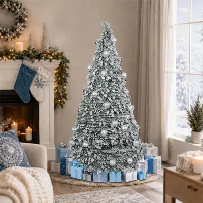 Produktbild von Künstlicher Weihnachtsbaum 1,5m Silber beschneit mit 28 Kugeln (18× glänzend, 10× matt) & 100 LED Lichtern Christbaum Tannenbaum Weihnachtsdekoration