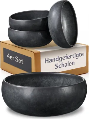 Produktbild von Cosumy 4 Tiefe Teller aus Steingut 750 ml – Handgefertigte Geschirrset Schwarz – Geschirr Set Modern – 4 Stück Suppenteller – Pastateller Groß Tief –