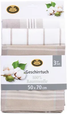 Produktbild von Gözze Geschirrtuch mit Aufhängeschlaufe schlamm 50x70 cm, 3er-Pack (2xKaro, 1xStreifen)