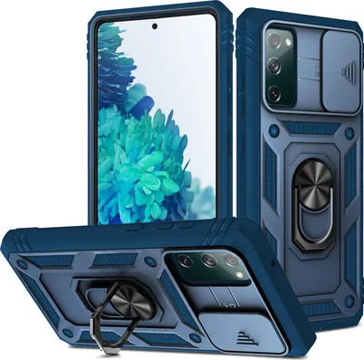 Immagine prodotto di Custodia per Samsung Galaxy S20 FE / S20 FE 5G protezione fotocamera scorrevole, resistente agli urti, con supporto ad anello, supporto e porta carte Blu