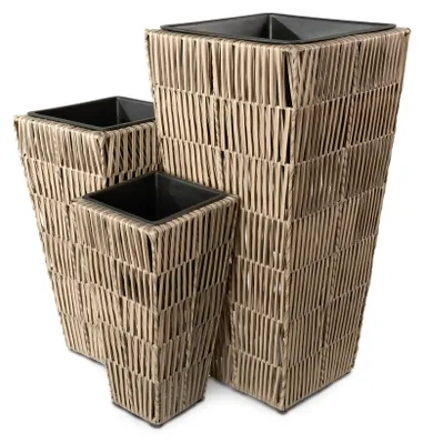 Produktbild von di volio Pflanzkübel Set TASULO 3 hohe quadratische Polyrattan Töpfe Beige