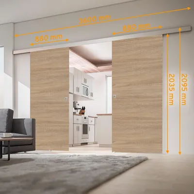Produktbild von inova Doppelflügelige Holzschiebetür 1760 x 2035 mm, Wildeiche, Komplettset mit Quadratgriff, ohne Softclose