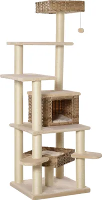 A multi-level cat tree with scratching posts, platforms, and enclosed cubbies.
