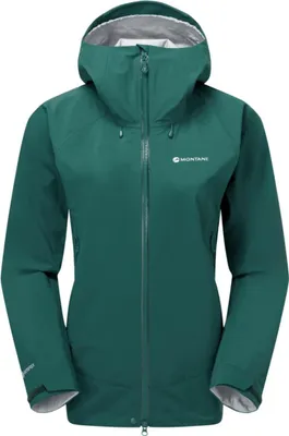 Hardshelljacke für Damen in Türkis von Montane; mit Kapuze und Reißverschluss.