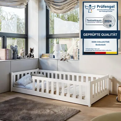 Produktbild von Kinderbett Bodenbett 80x160 cm Bett mit Rausfallschutz & Lattenrost Montessori Bett Bed Kinder Jugendbett Einzelbett | weiss Holz Junge Mädchen