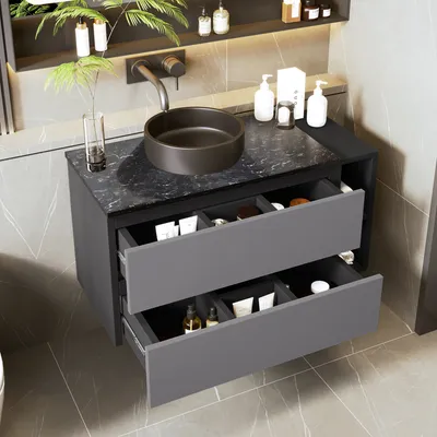 Produktbild von STILVORA Badmöbel-Set 80×44×48,5 cm,Waschbeckenunterschrank mit Keramikbecken,hängender Unterschrank mit Schubladen, Gästebadmöbel,Schwarz-Grau